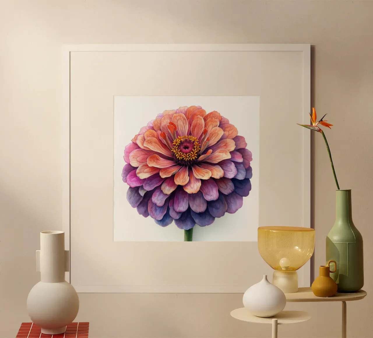 Zinnia Elegans Fiore poster con telaio in plastica da Bold Blooms