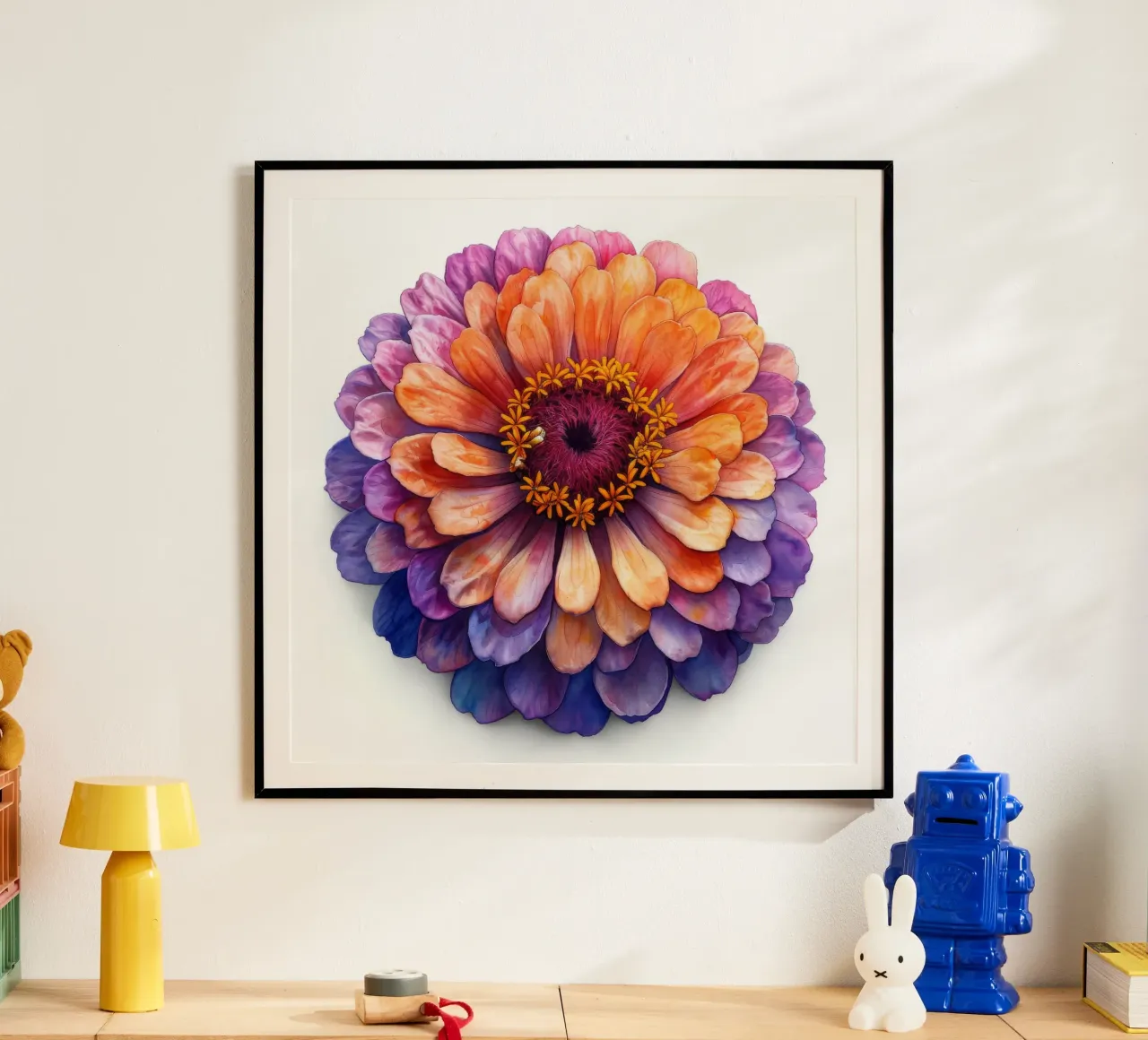 Zinnia Elegans Fiore poster con telaio in alluminio da Bold Blooms
