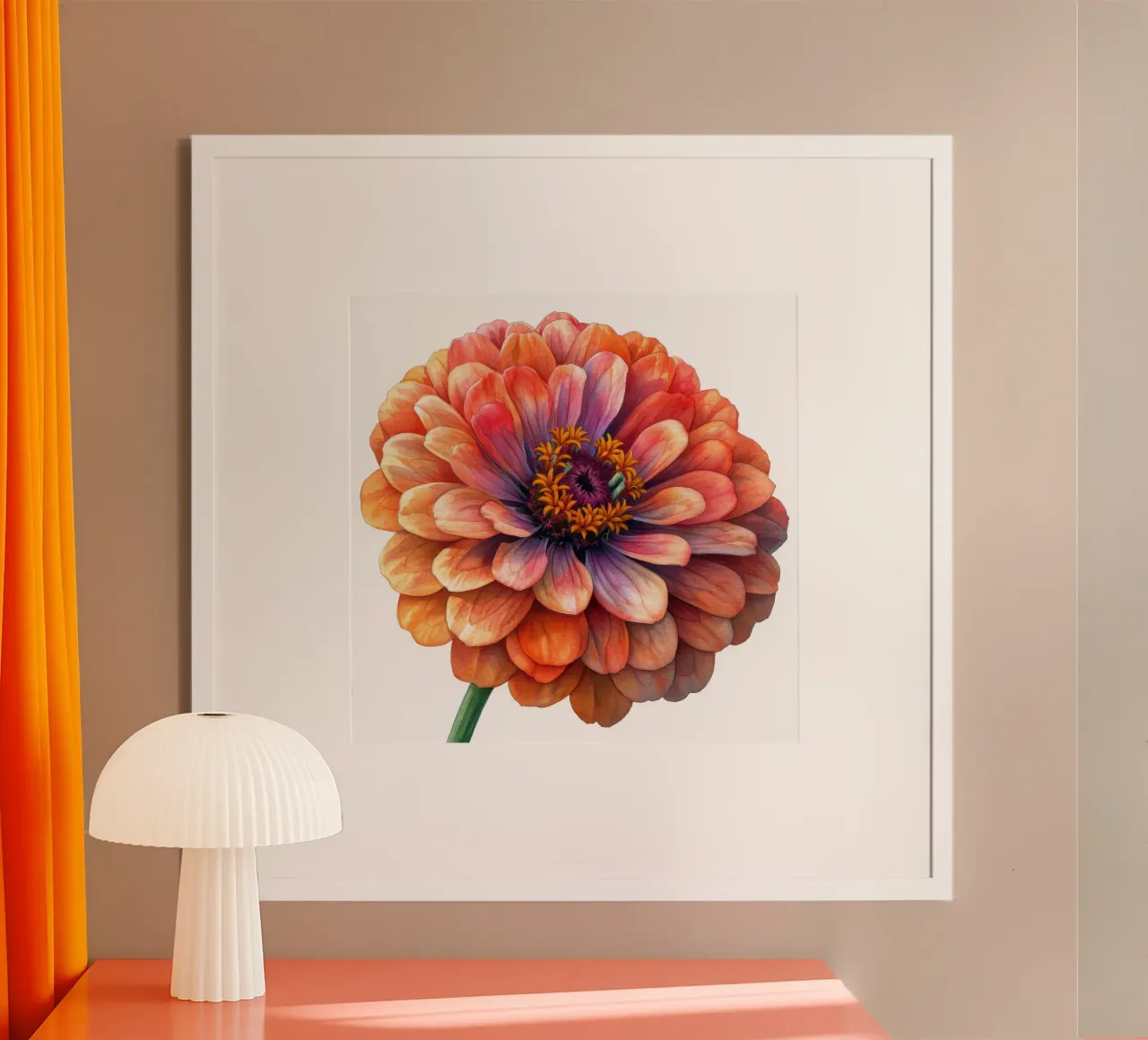 Zinnia Elegans Fiore poster con telaio in legno da Bold Blooms