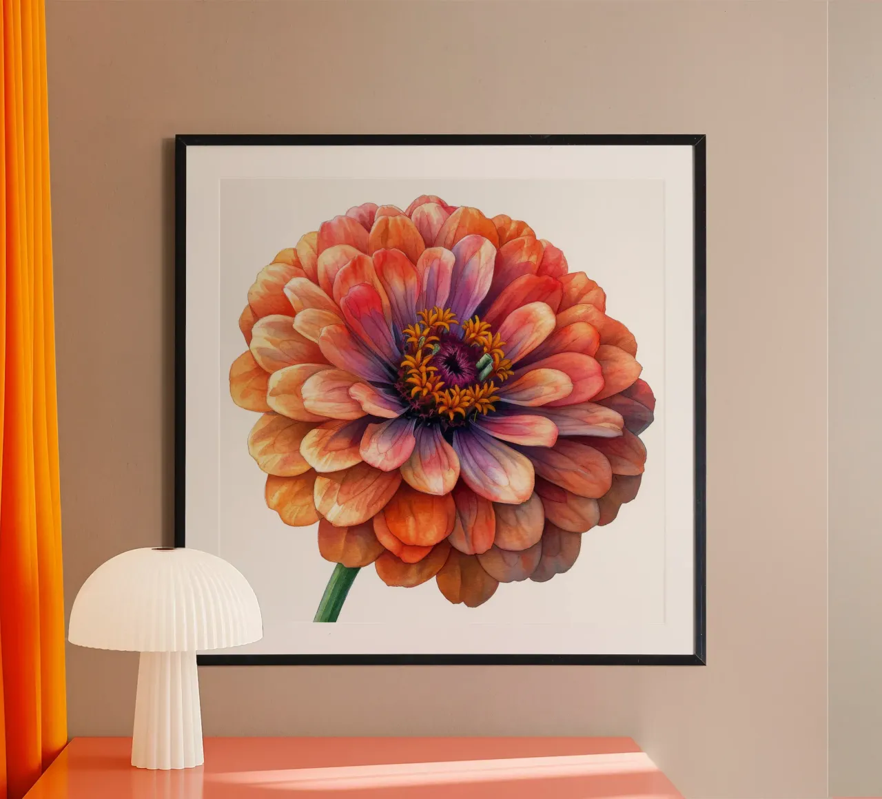 Zinnia Elegans Fiore poster con telaio in legno da Bold Blooms