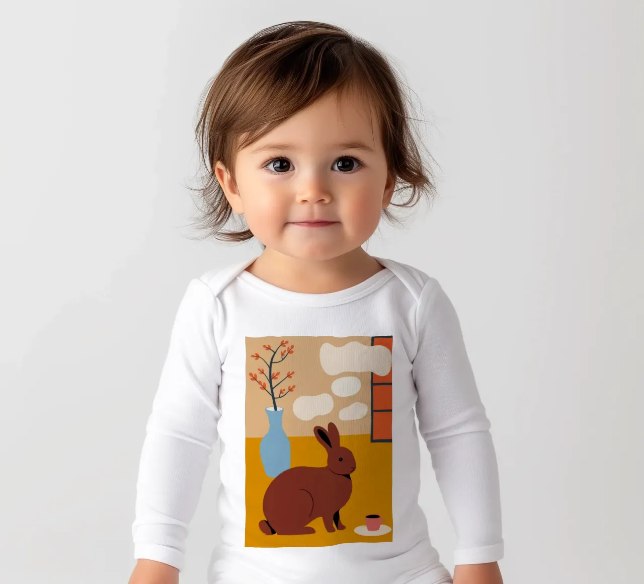 Rabbit and Vase long-sleeve baby romper by Kamera Obskura