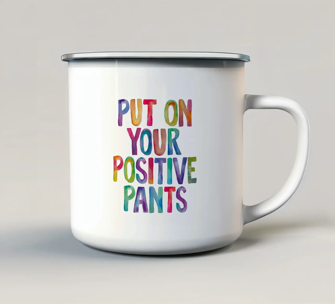 Indossa i tuoi pantaloni positivi Tipografia arcobaleno per bambini tazza in smalto da THE MOTIVATED TYPE