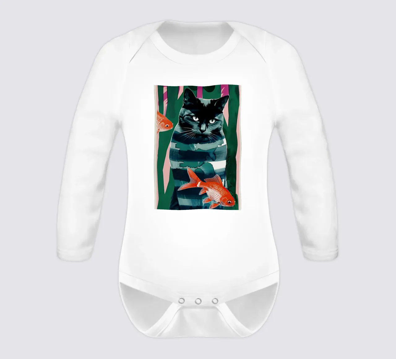 black cat and goldfish long-sleeve baby romper by DaarbyN