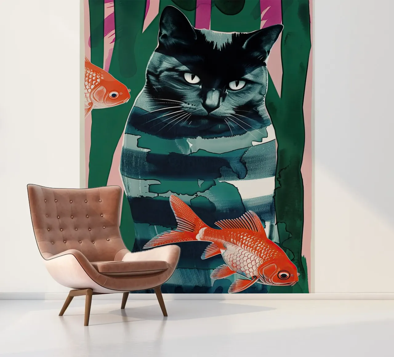 zwarte kat en goudvis fotobehang van DaarbyN