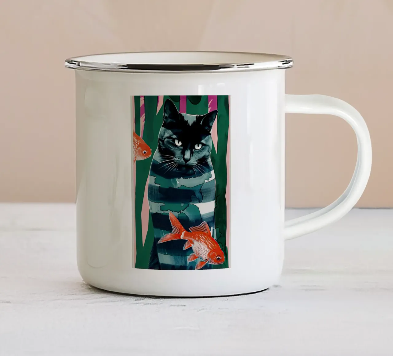 gatto nero e pesce rosso tazza in smalto da DaarbyN