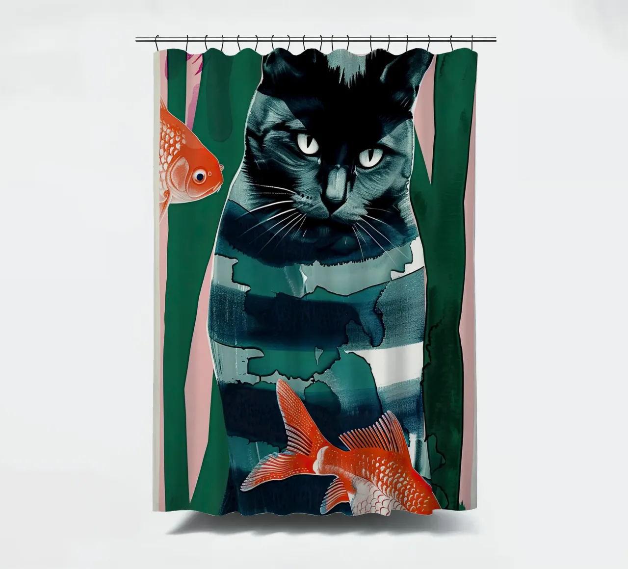 black cat and goldfish shower curtain by DaarbyN