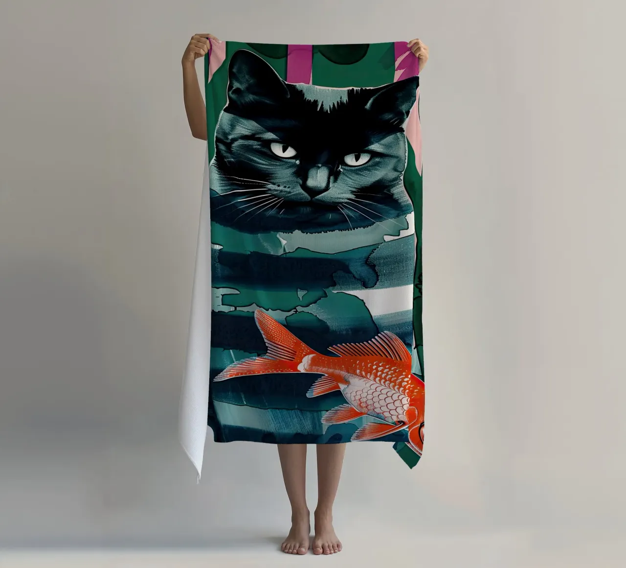 black cat and goldfish beach towel by DaarbyN