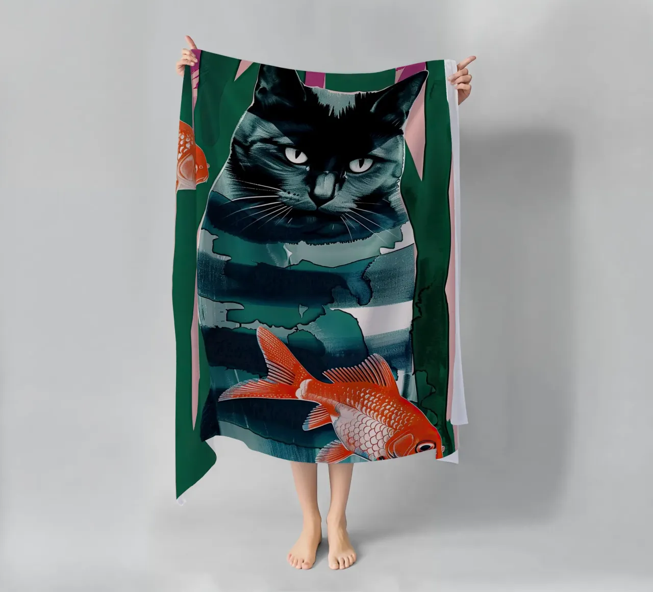 black cat and goldfish beach towel by DaarbyN