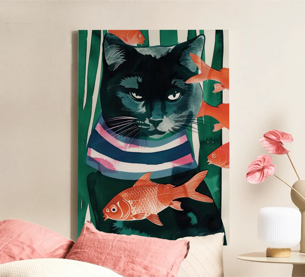 zwarte kat en goudvis canvas van DaarbyN