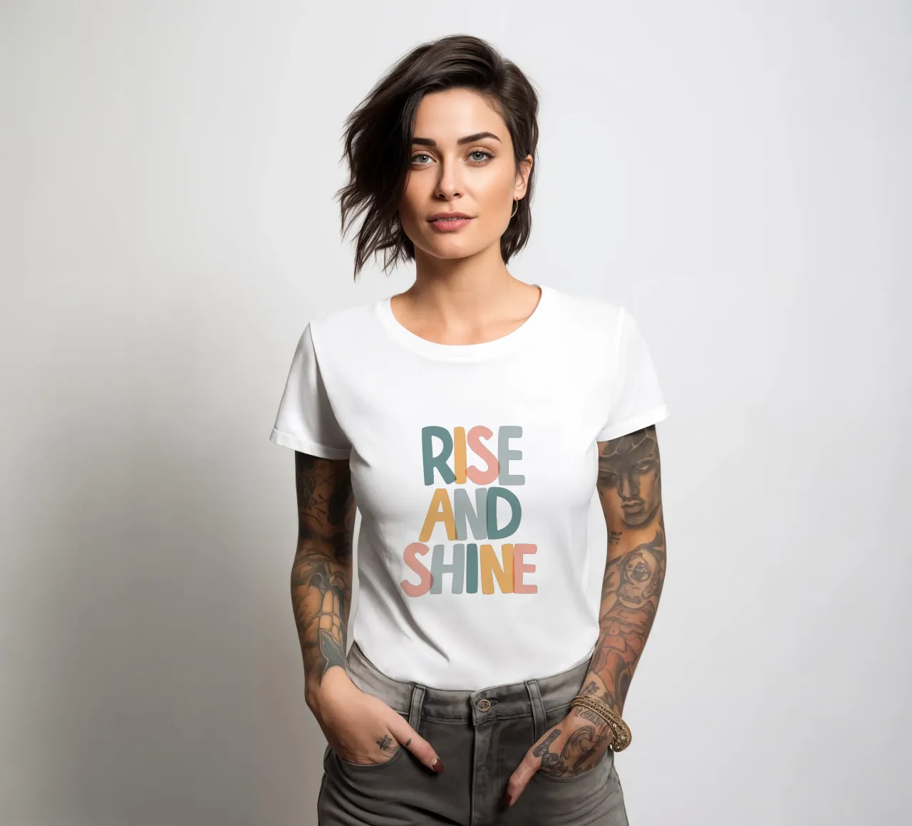 Rise and Shine Optimistic Colourful Typography Print women's fitted t-shirt by THE MOTIVATED TYPE