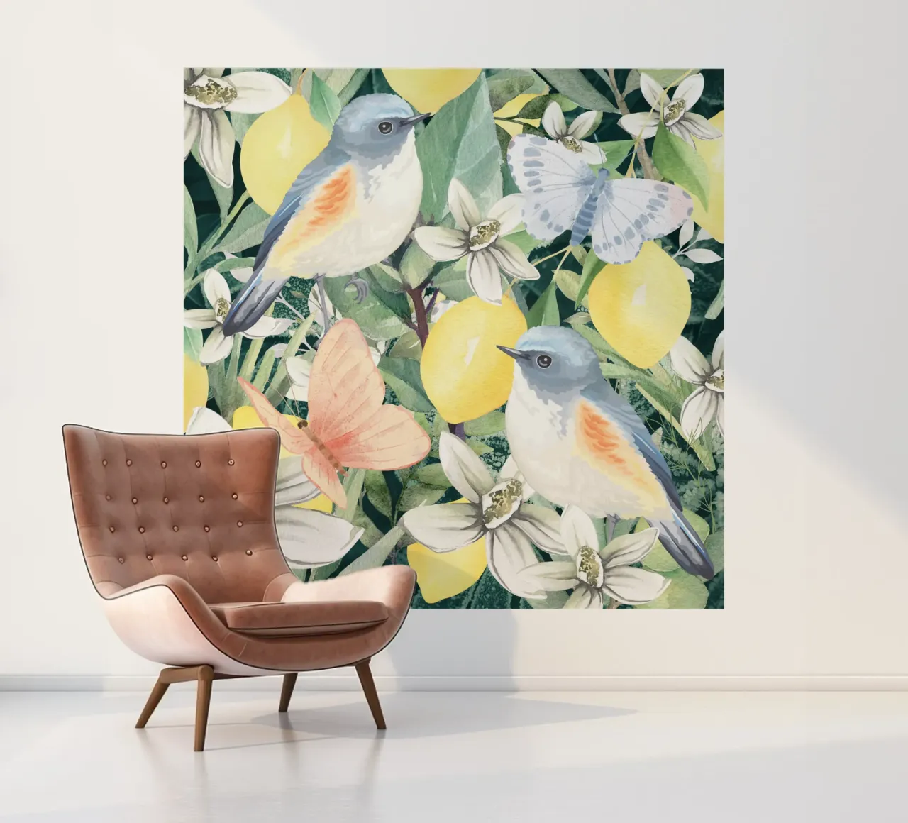 Birds in a Lemon Tree  and Flowers photo wallpaper by lovely lines
