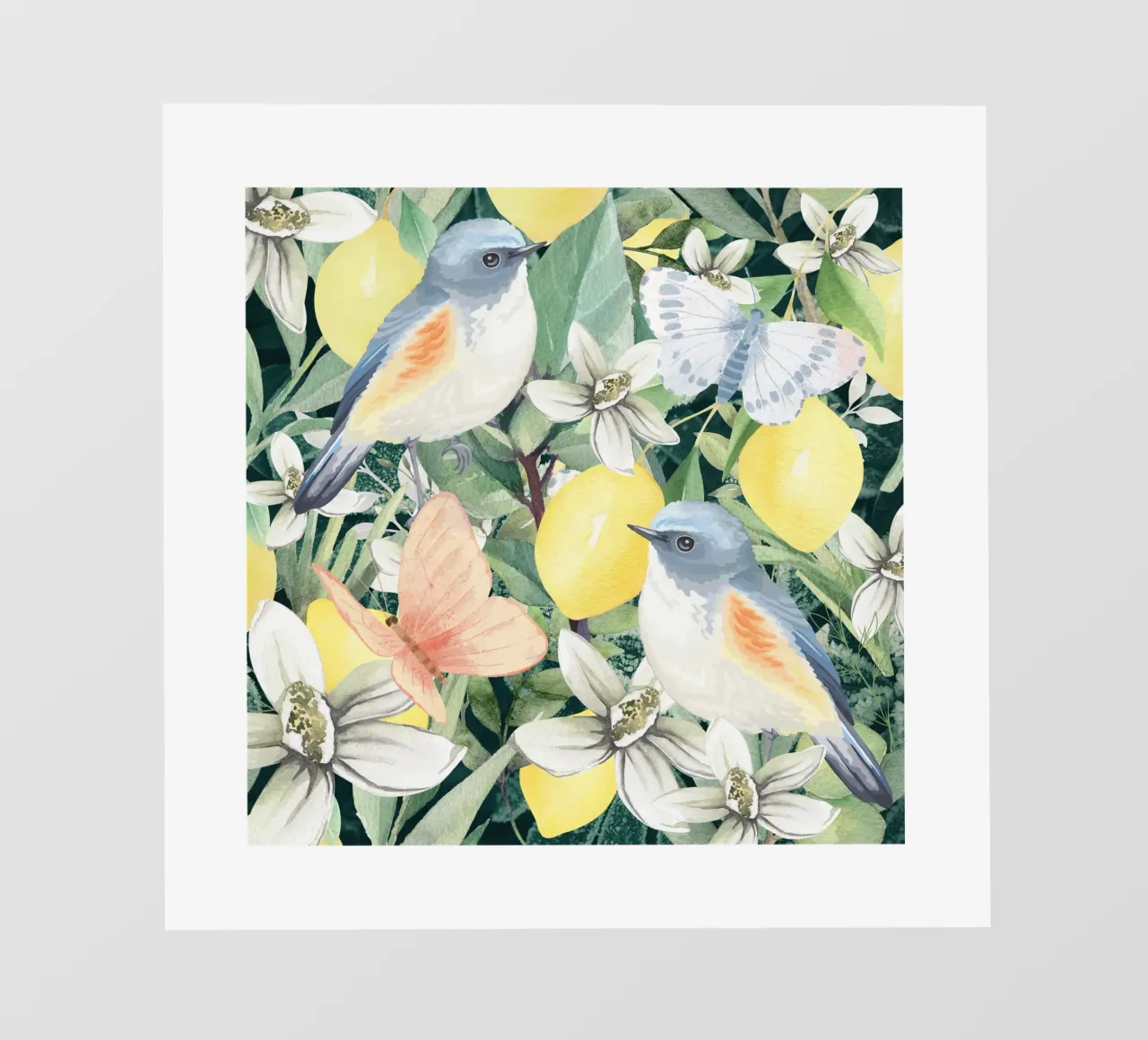 Birds in a Lemon Tree  and Flowers photo wallpaper by lovely lines