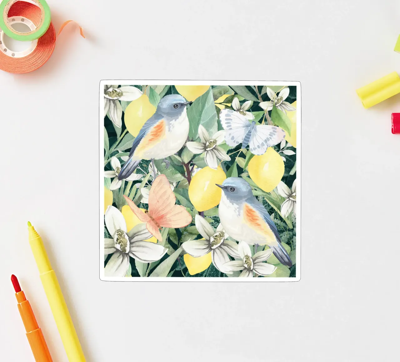 Birds in a Lemon Tree  and Flowers adesivo da lovely lines