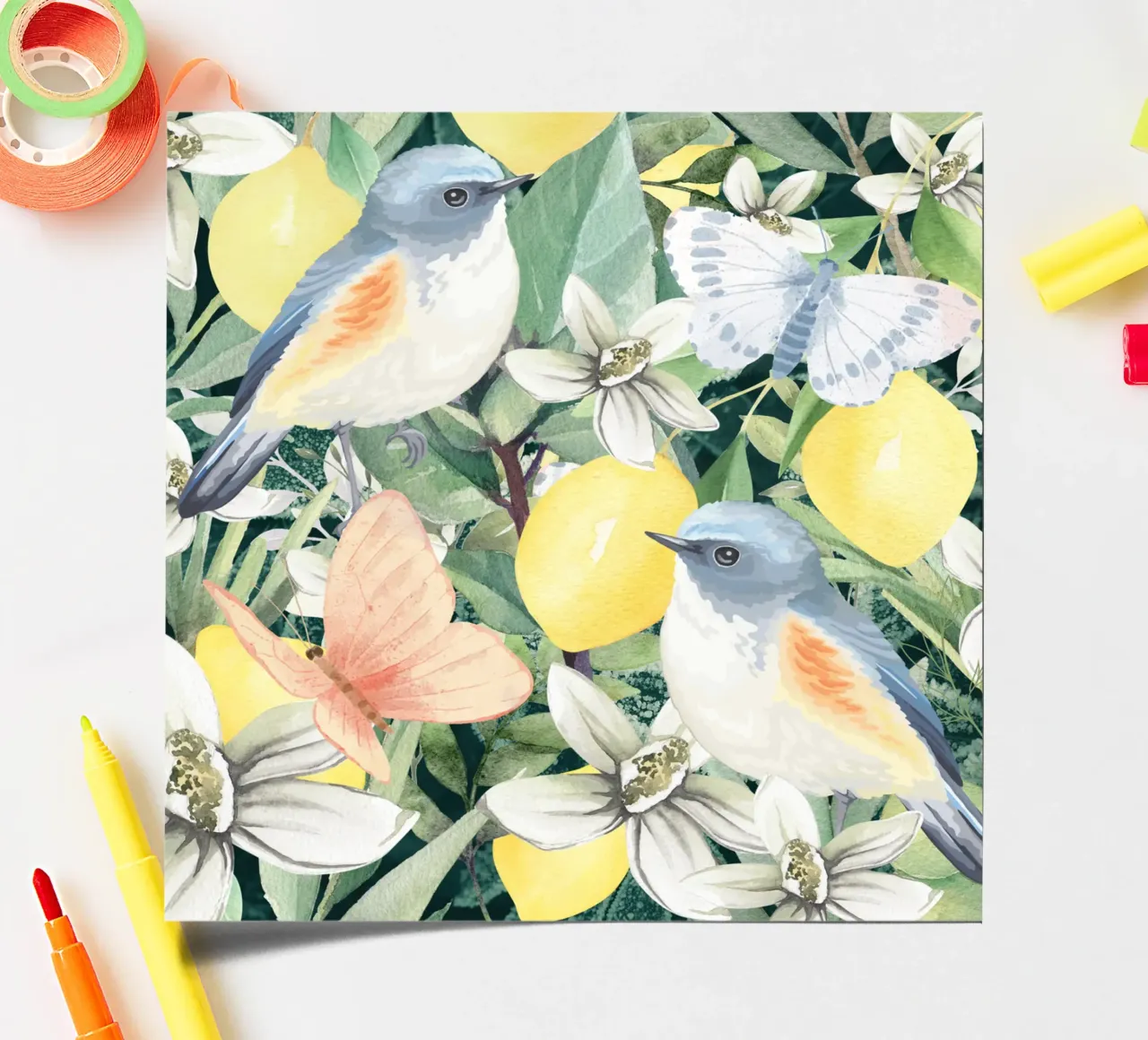 Birds in a Lemon Tree  and Flowers foglio adesivo da lovely lines