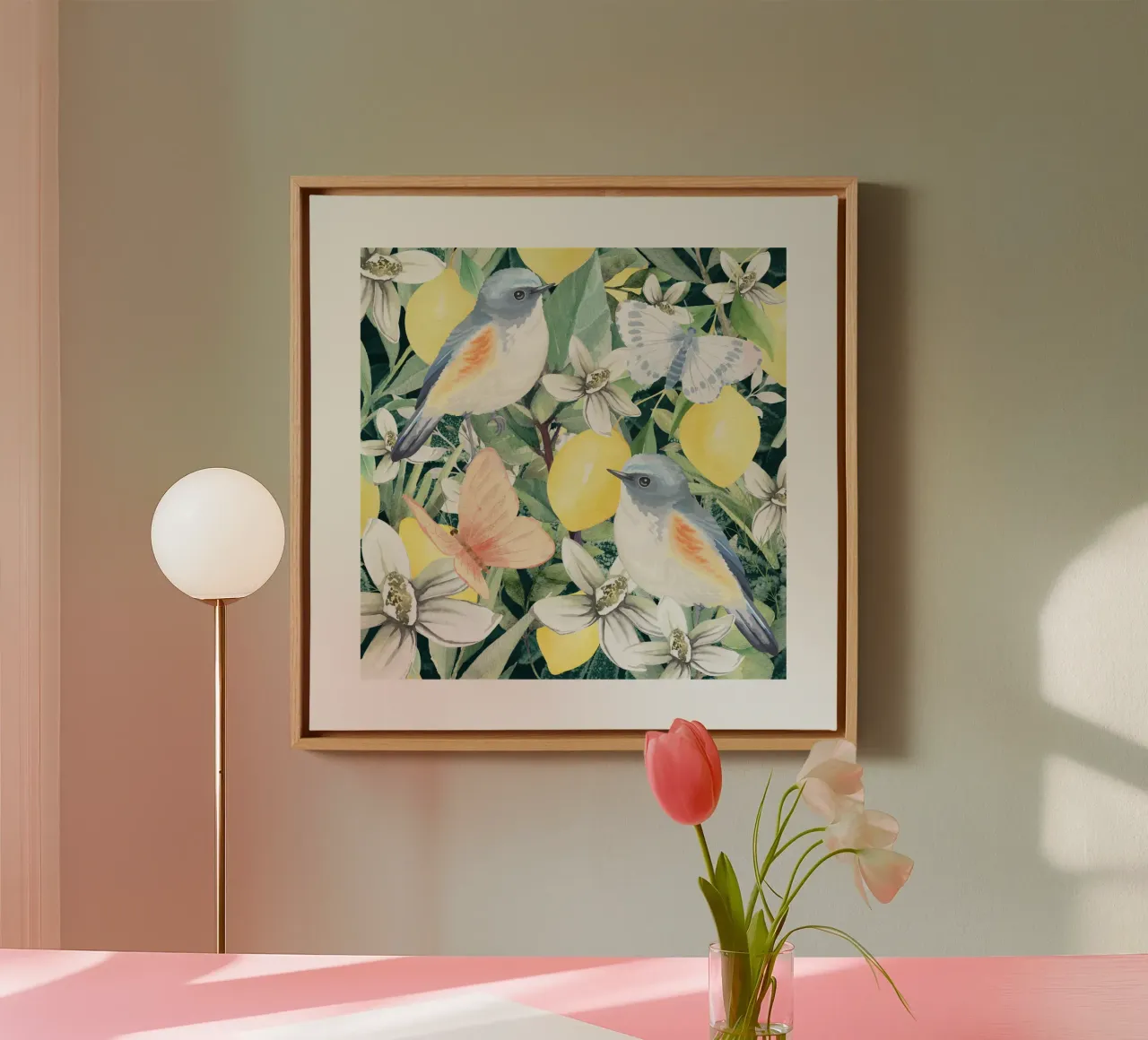 Birds in a Lemon Tree  and Flowers tela da lovely lines