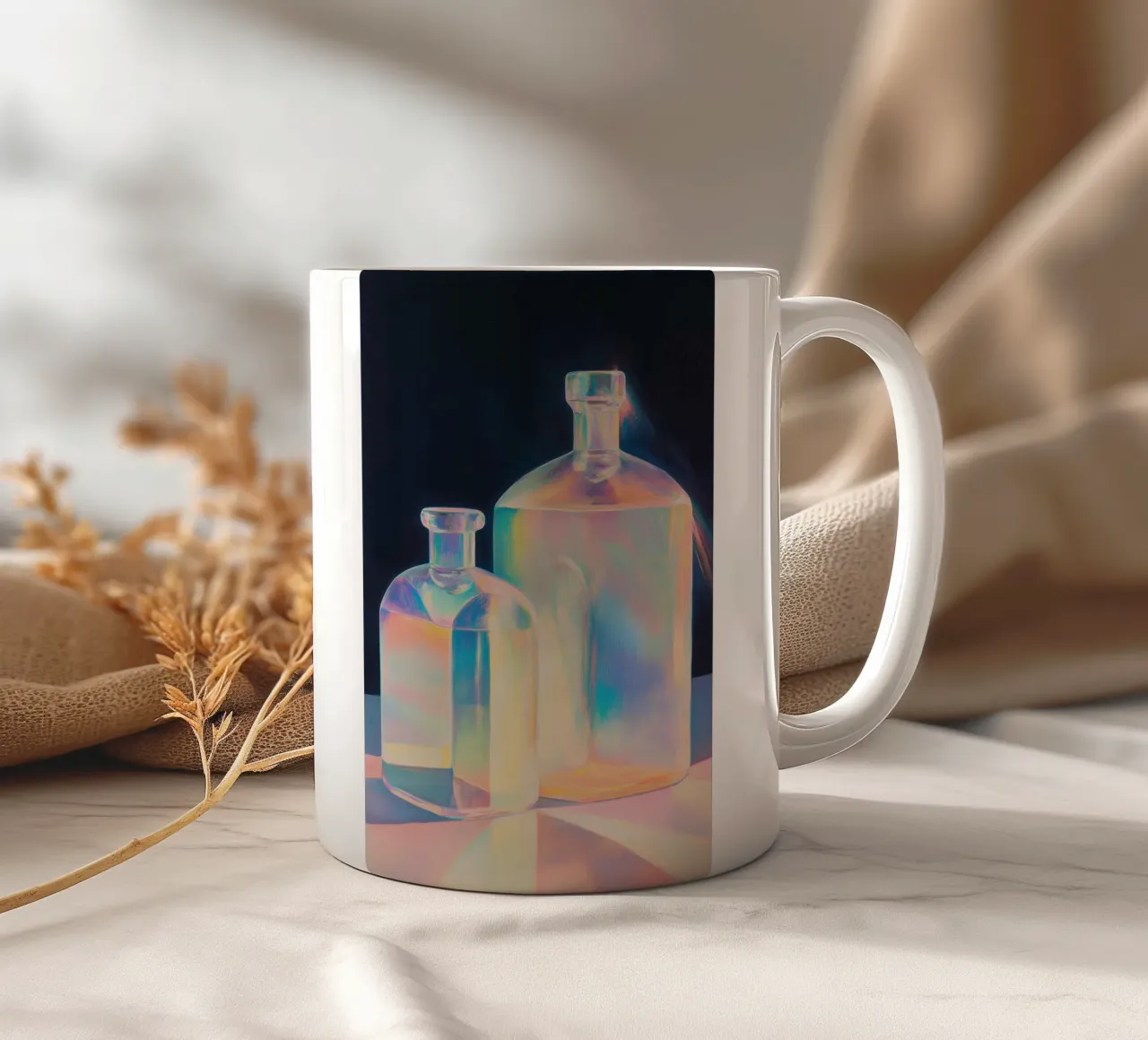 Bottiglie di vetro arcobaleno iridescente tazza in ceramica da Melloi Art Print