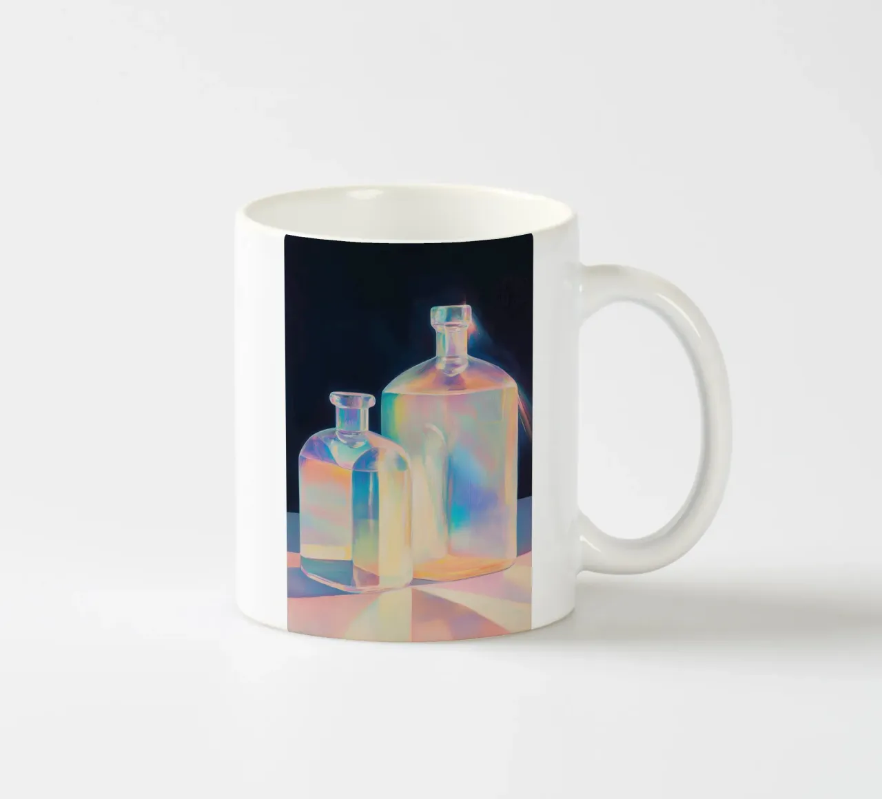 Bottiglie di vetro arcobaleno iridescente tazza in ceramica da Melloi Art Print
