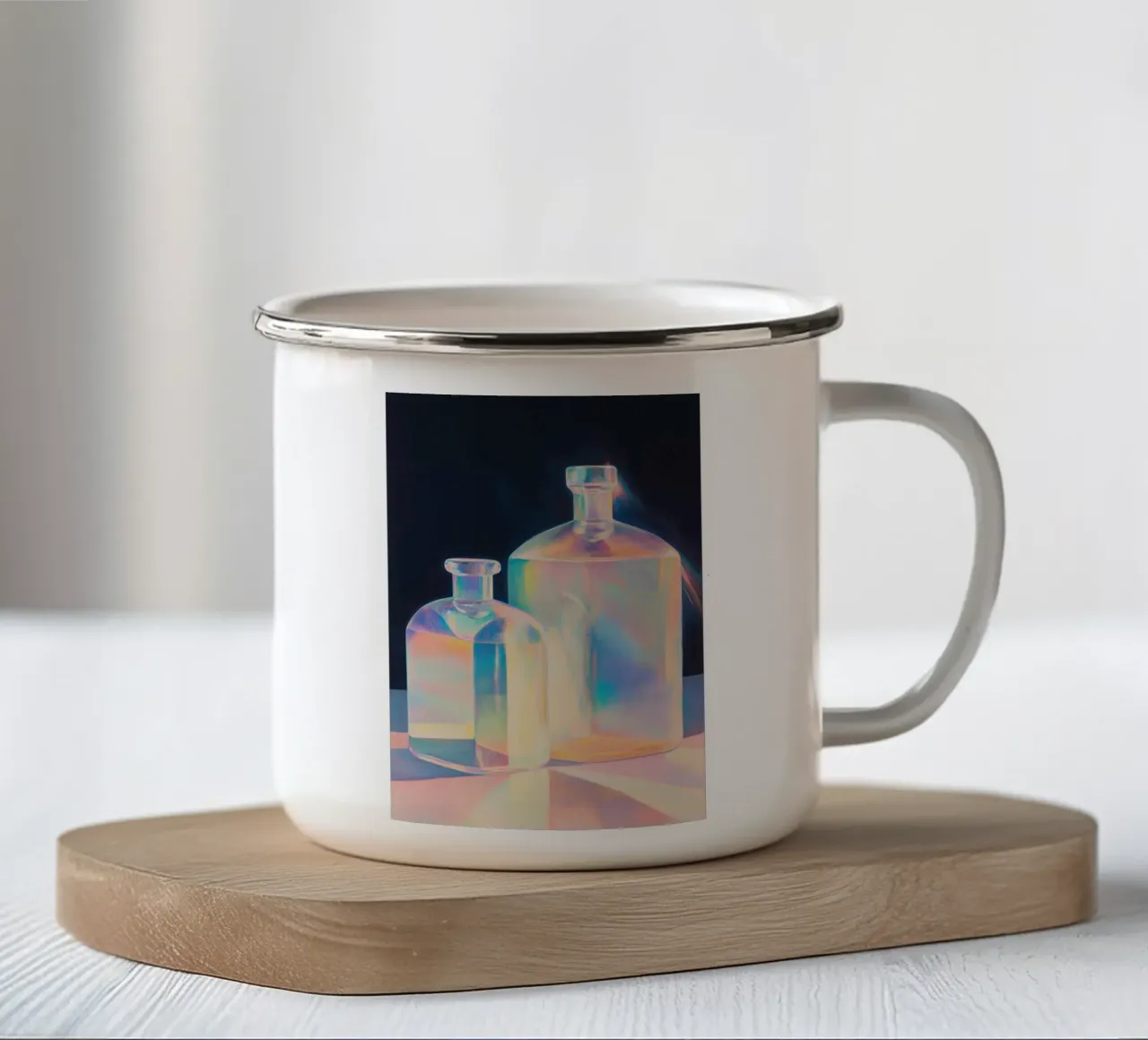 Bottiglie di vetro arcobaleno iridescente tazza in smalto da Melloi Art Print