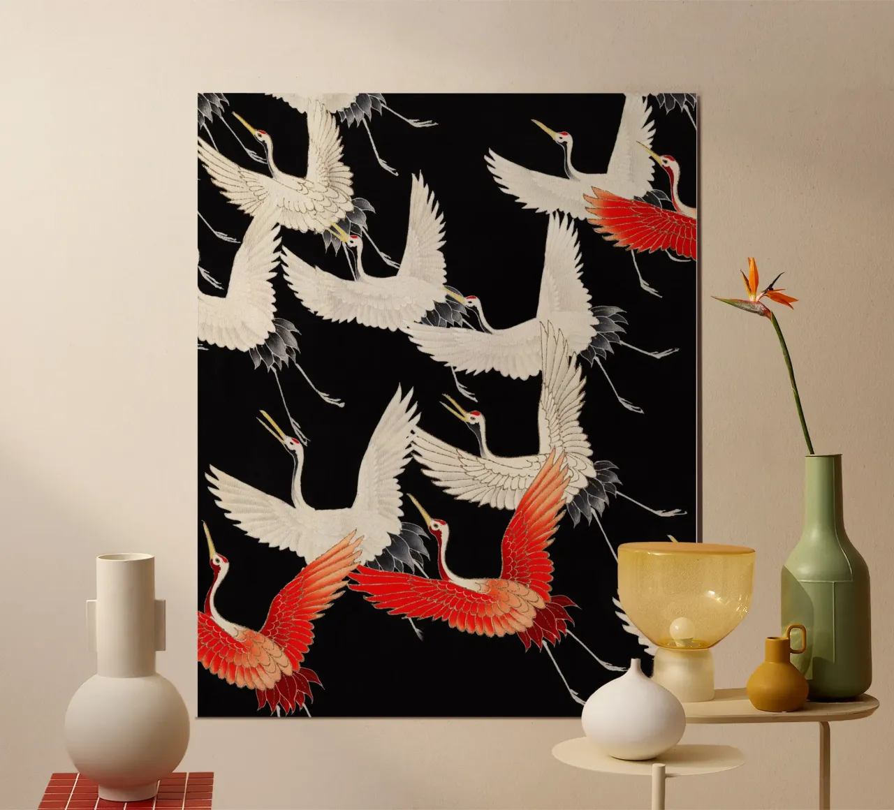 Vintage Illustration with White and Red Cranes Flying poster con telaio in alluminio da lovely lines