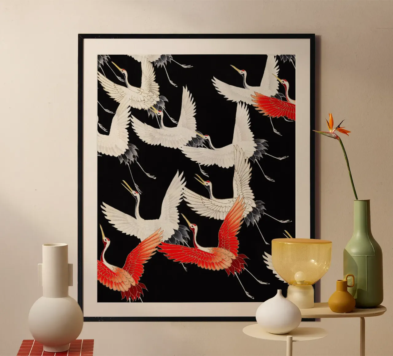 Vintage Illustration with White and Red Cranes Flying poster con telaio in alluminio da lovely lines