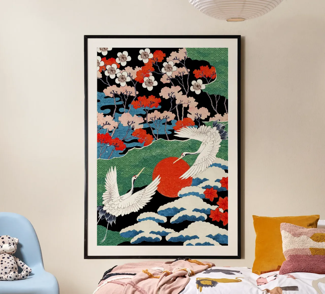 Two Cranes and the Red Sun Vintage Japanese Illustration hahnemühle by lovely lines