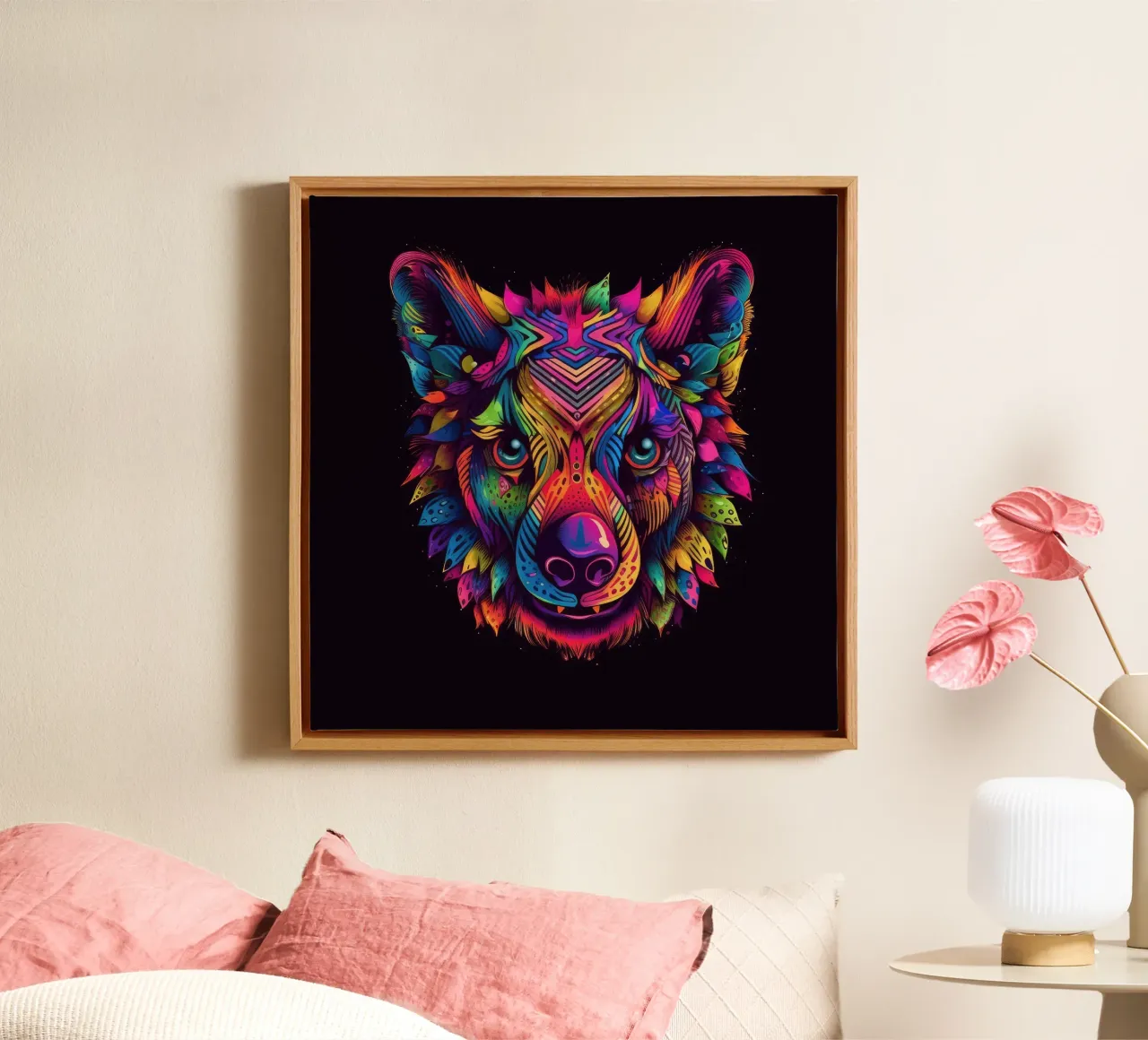 Tatoo-Hyäne Leinwand mit Schattenfugenrahmen von Animal Portraits