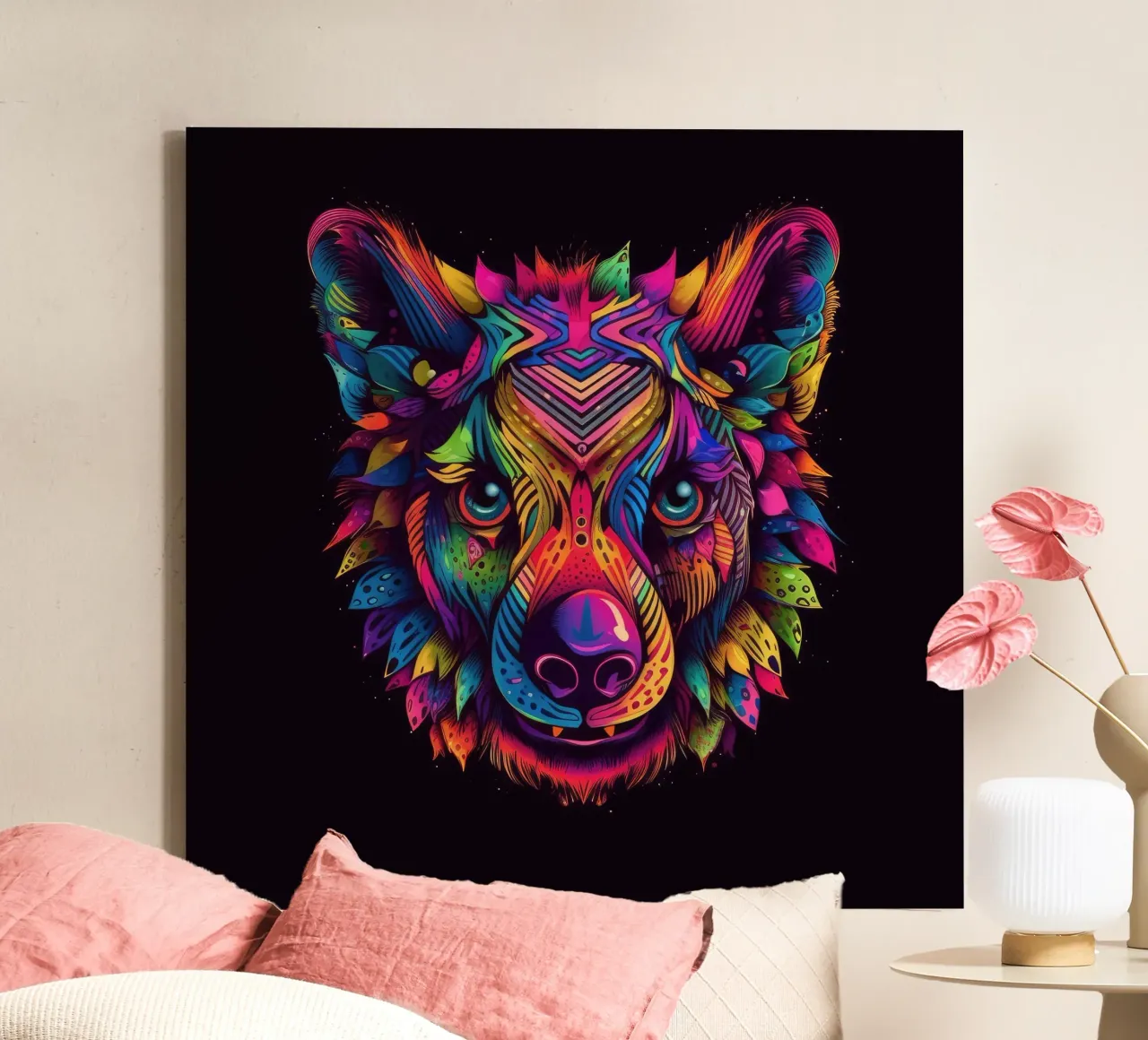 Tatoo-Hyäne Leinwand mit Schattenfugenrahmen von Animal Portraits