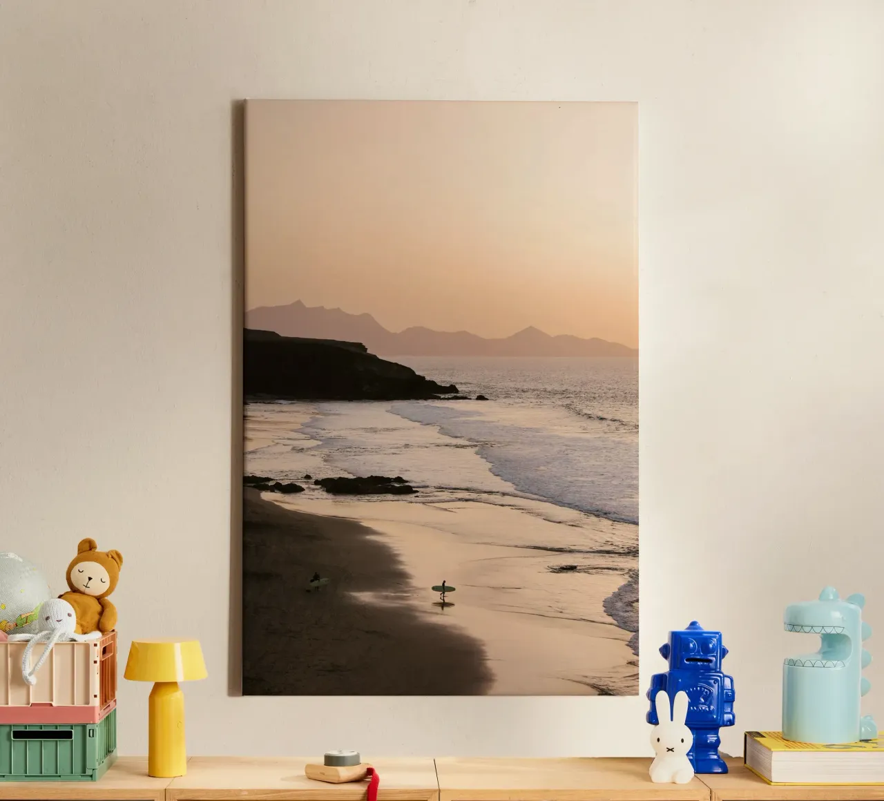 Surfer at Beach during Sunset canvas with Floater frame by wenolaweddings