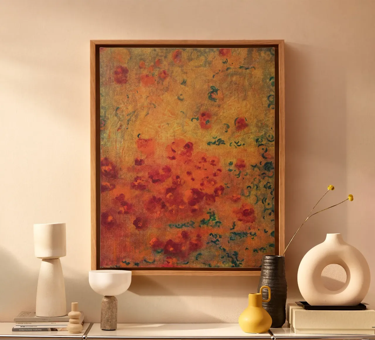 Piccoli fiori caldi astratti tela con Cornice a cassetta da Teresa André