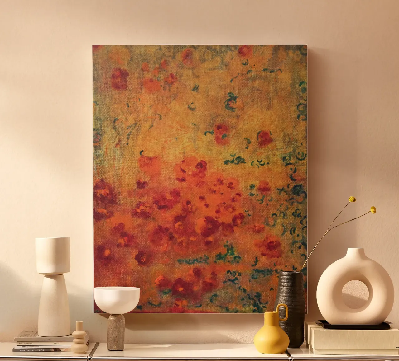 Piccoli fiori caldi astratti tela con Cornice a cassetta da Teresa André