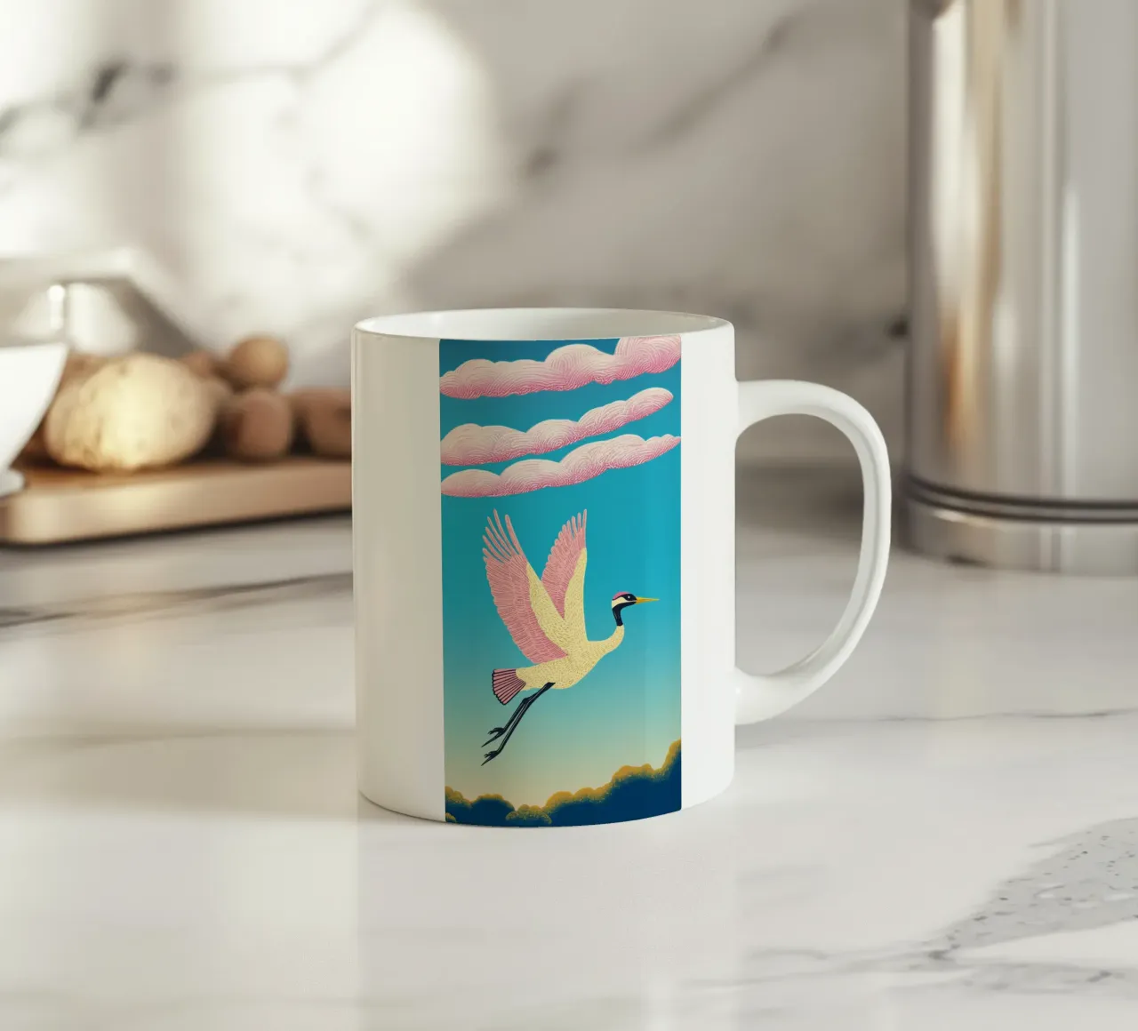 A Japanese Majestic Crane Vintage Bird in sky & clouds ceramic mug by Kaji