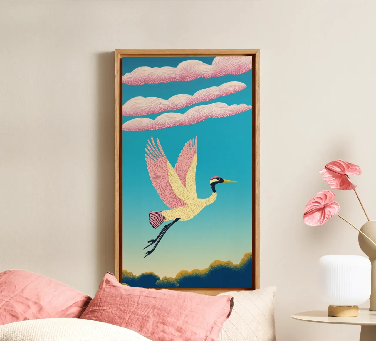 A Japanese Majestic Crane Vintage Bird in sky & clouds canvas with Floater frame by Kaji
