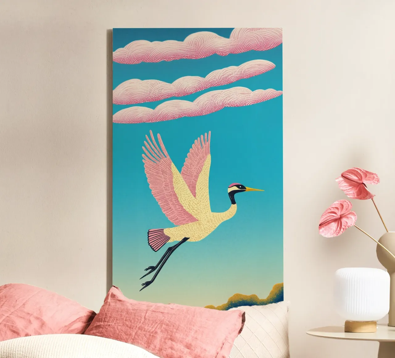 A Japanese Majestic Crane Vintage Bird in sky & clouds canvas with Floater frame by Kaji