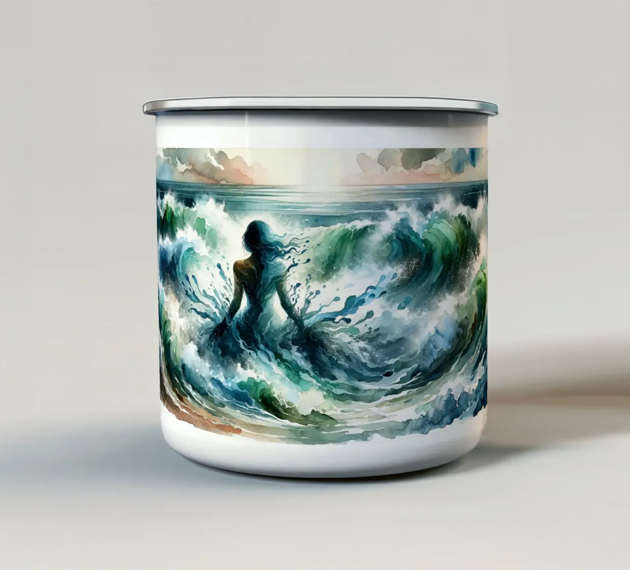 L'abbraccio dell'oceano che si dispiega tazza in smalto da Chromatic Fusion Studio