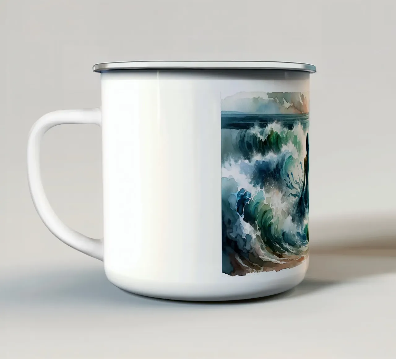 L'abbraccio dell'oceano che si dispiega tazza in smalto da Chromatic Fusion Studio