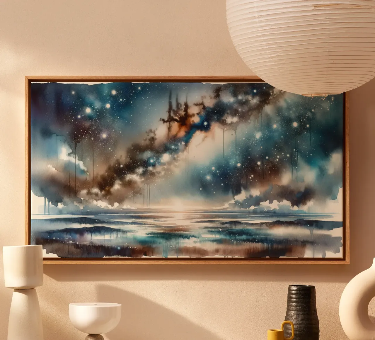 Sterrennacht over rustige wateren canvas met Baklijst van Chromatic Fusion Studio