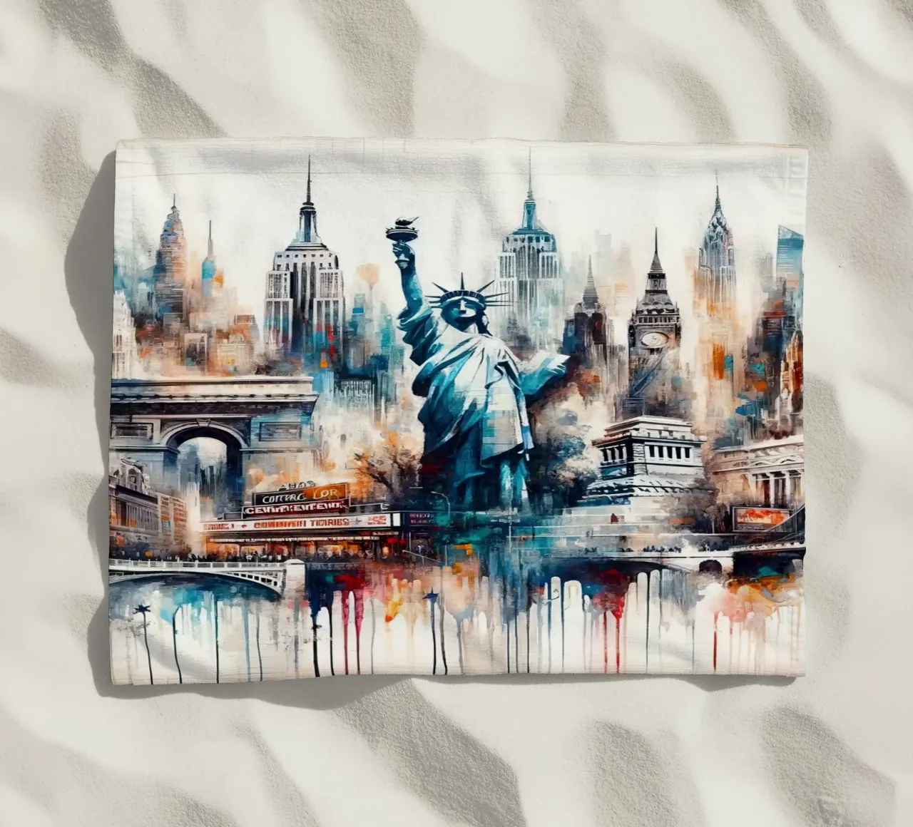 Acquerello astratto Punti di riferimento della città di New York telo mare da Chromatic Fusion Studio