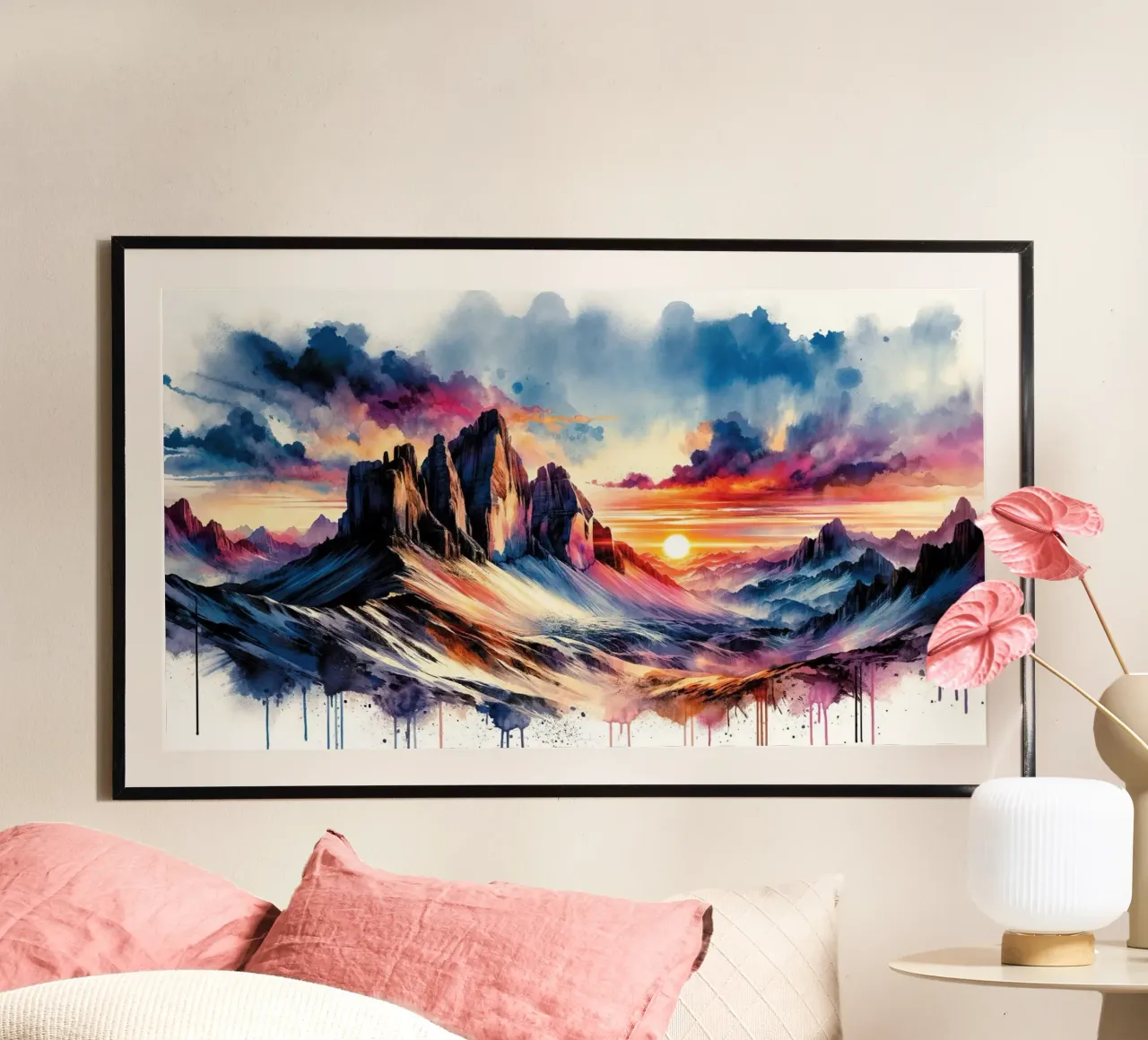 Paisaje montañoso en acuarela al atardecer poster con marco de plástico de Chromatic Fusion Studio