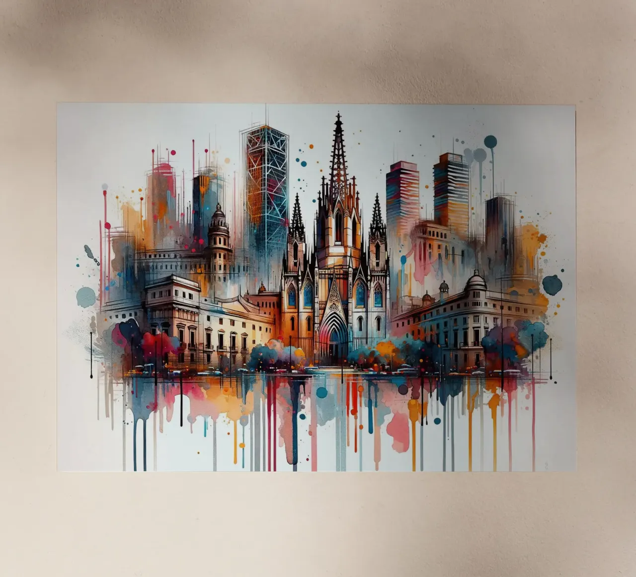 Acquerello Skyline Barcellona pellicola backlit da Chromatic Fusion Studio