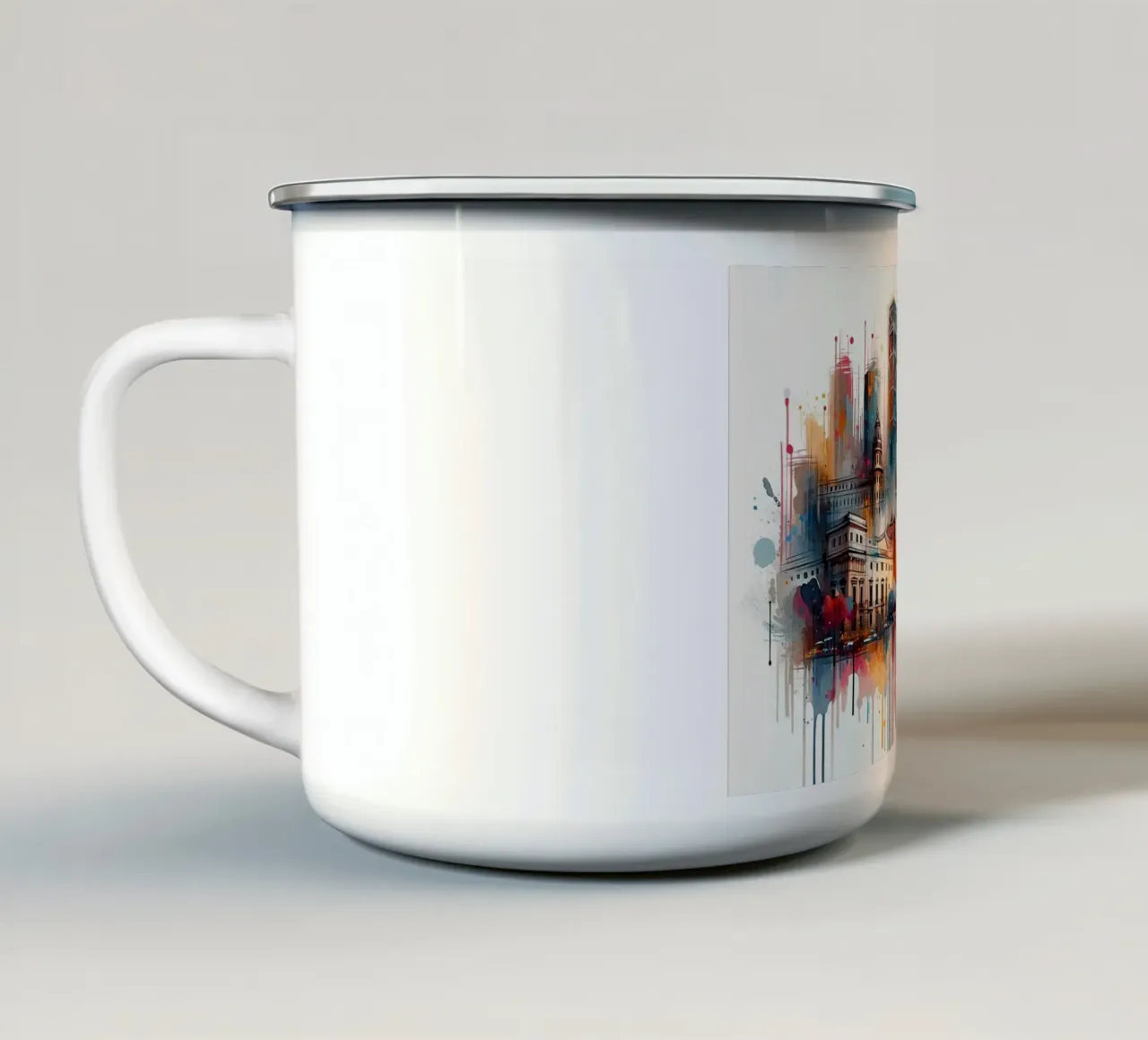 Acquerello Skyline Barcellona tazza in smalto da Chromatic Fusion Studio