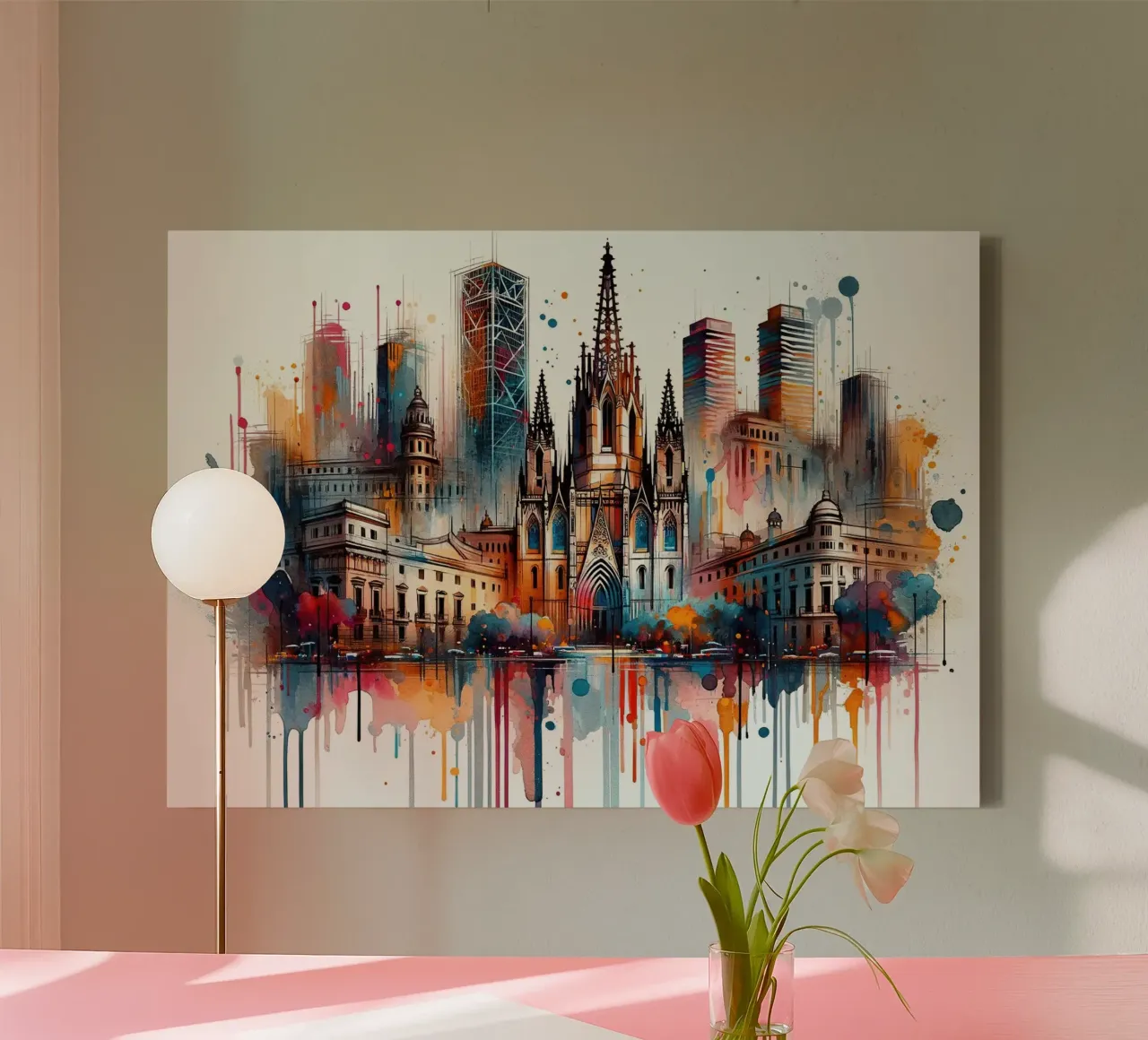 Acquerello Skyline Barcellona tela con Cornice a cassetta da Chromatic Fusion Studio