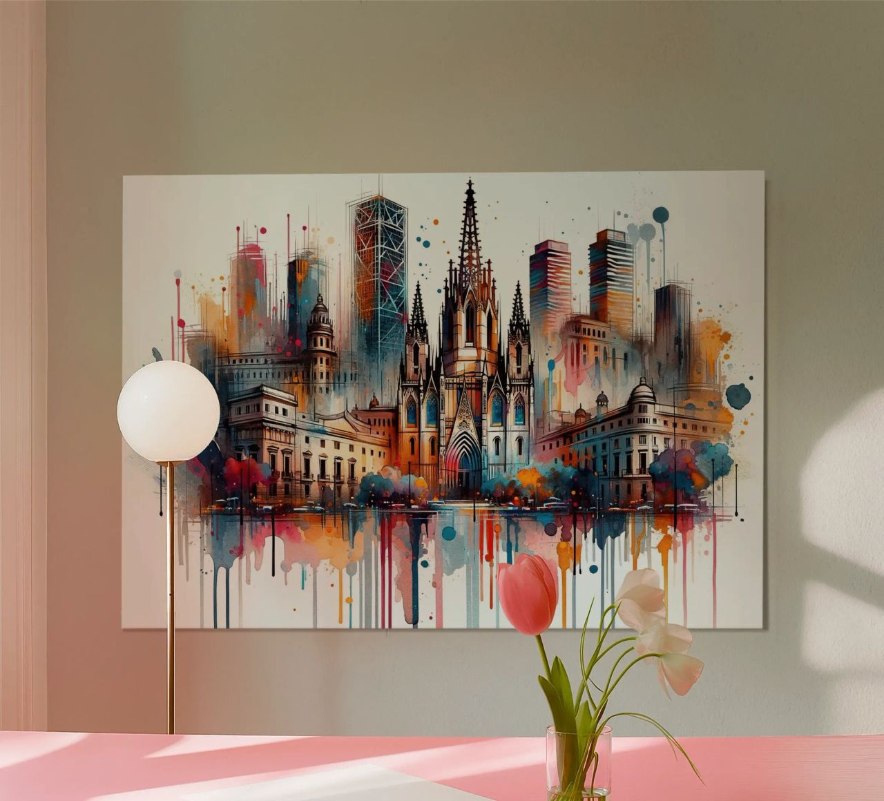 Watercolor Skyline Barcelona poster by Chromatic Fusion Studio