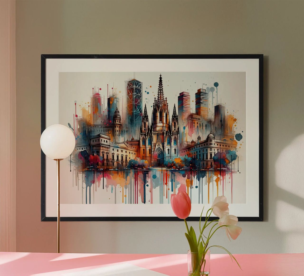 Watercolor Skyline Barcelona poster by Chromatic Fusion Studio