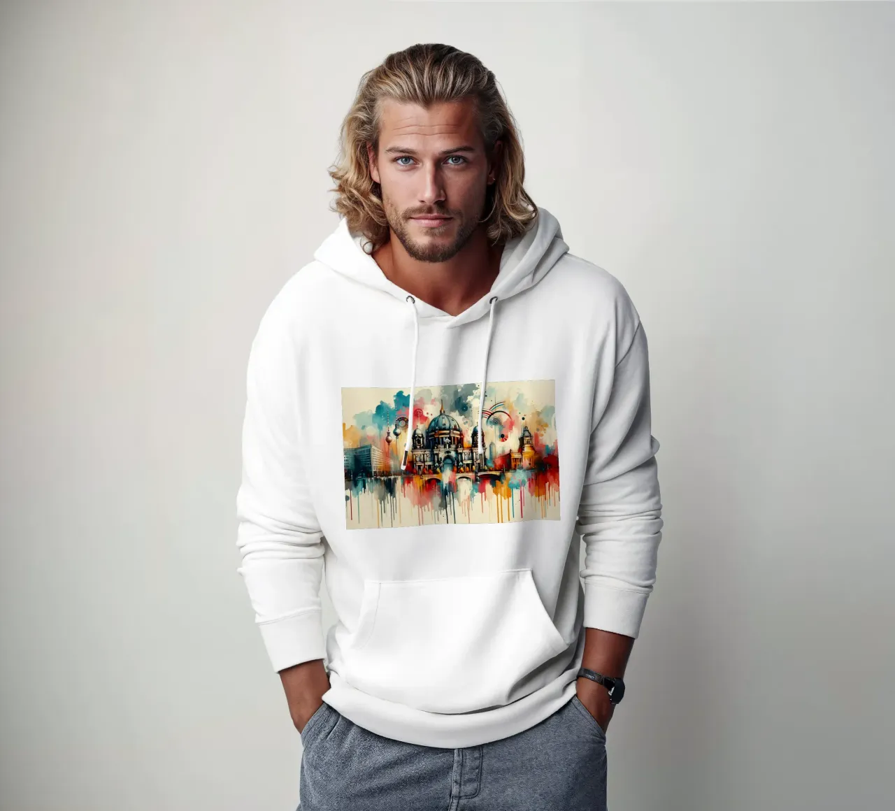 Acquerello Skyline Berlino felpa con cappuccio da Chromatic Fusion Studio