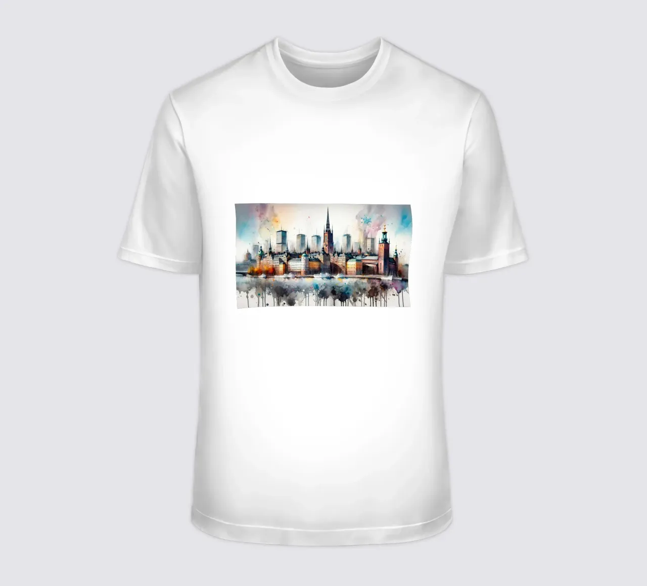 Acquerello sul panorama di Stoccolma t-shirt da Chromatic Fusion Studio