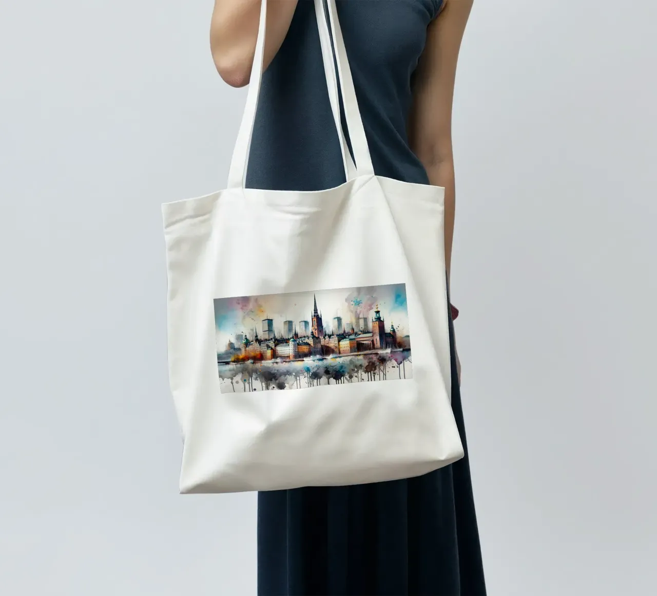 Watercolour Stockholm Skyline tote bag by Chromatic Fusion Studio