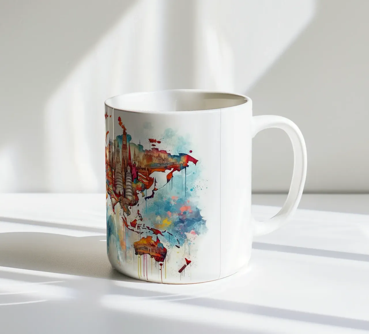 Mappa del mondo acquerellata Punti di riferimento tazza in ceramica da Chromatic Fusion Studio