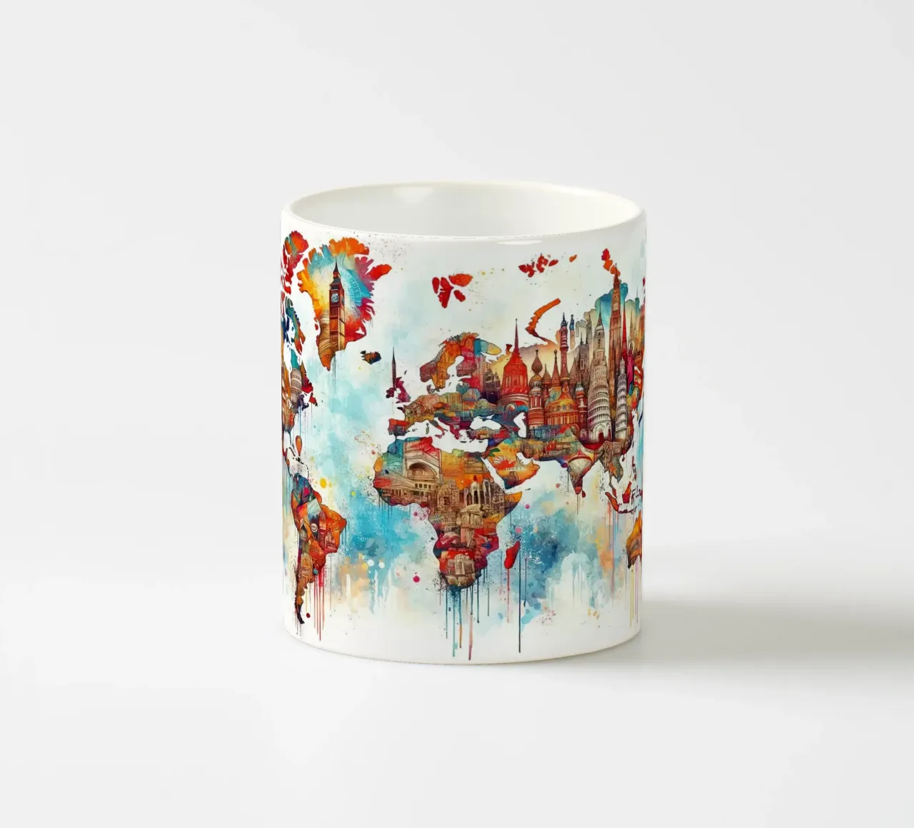 Mappa del mondo acquerellata Punti di riferimento tazza in ceramica da Chromatic Fusion Studio