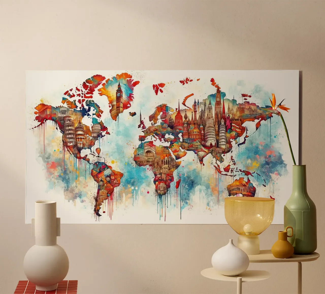 Mappa del mondo acquerellata Punti di riferimento alluminio dibond da Chromatic Fusion Studio