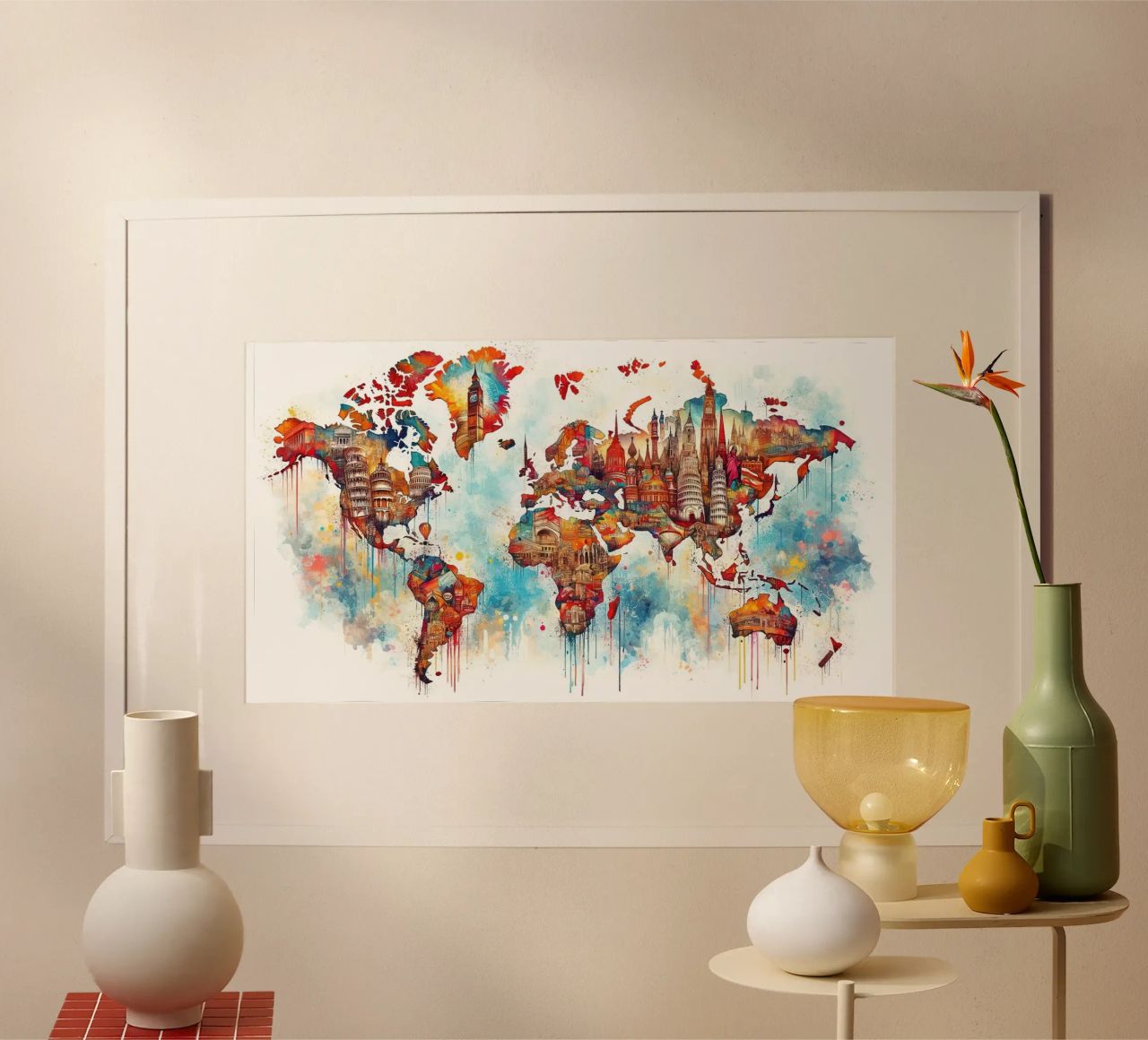 Watercolor World Map Landmarks poster by Chromatic Fusion Studio